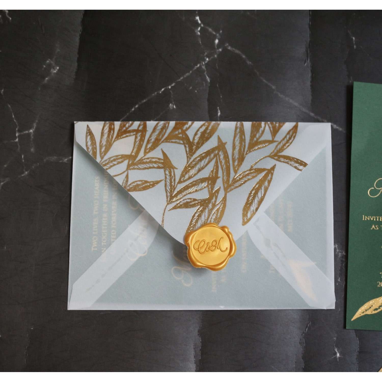 Olive Green Wedding Invitation with Vellum Paper Envelope Customized Content